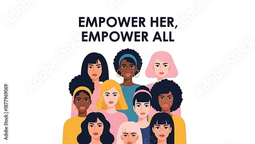 Diverse women empowerment group portrait illustration, inclusive community, unity and leadership concept, flat vector design, vibrant colors