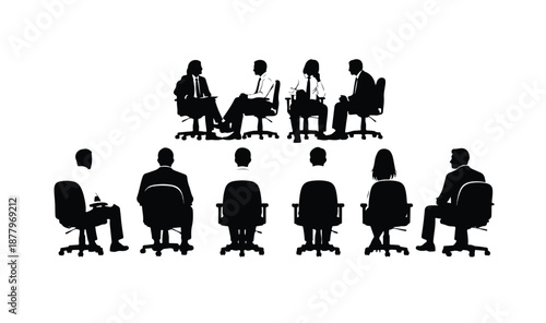 Silhouettes of business people sitting on chairs in a meeting or conference, discussing and collaborating.