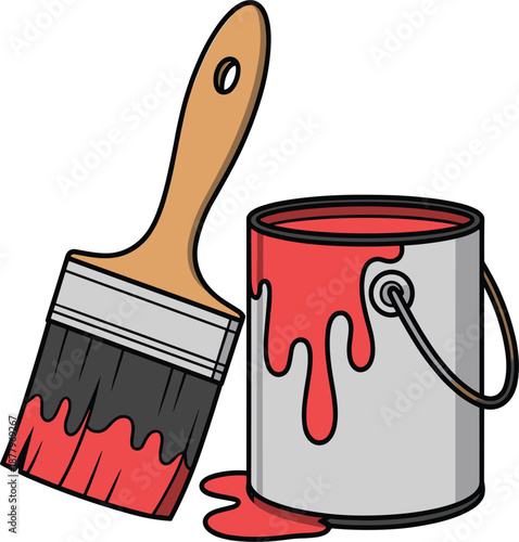 Paint brush and metal bucket with red paint, home renovation and interior decoration vector