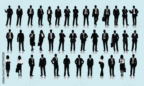 Silhouettes of diverse business professionals standing in various poses against a light blue background, representing corporate workforce.