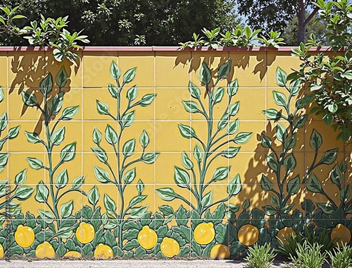 Vibrant lemon mosaic on yellow tiled wall with green foliage and sunlight
