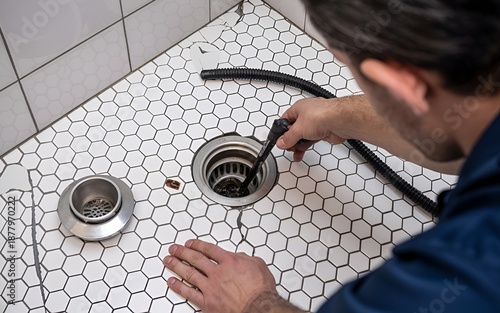 Plumber Unclogging Blocked Shower Drain with Hydro Jetting Sewer Cleaning Service