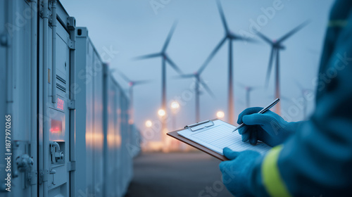 Technician inspecting battery storage status panel beside a wind farm.