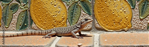 Striped lizard on decorated tile with yellow lemon design