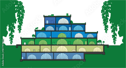 Multilevel Building with Arches and Gardens.