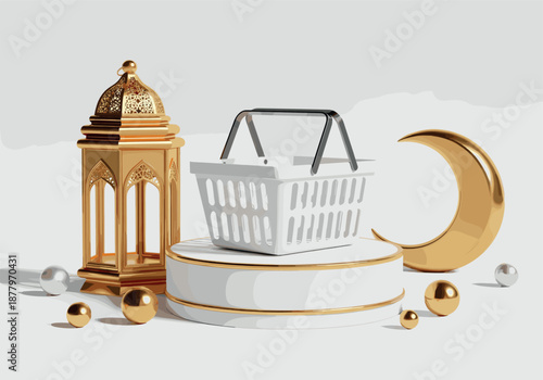 Ramadan shopping sale concept with 3D lantern shopping basket and crescent moon