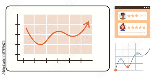 Business performance, data tracking, analytics, customer feedback, statistics, user insights. Upward trend graph, customer review panel and analytics chart. Data tracking and customer feedback