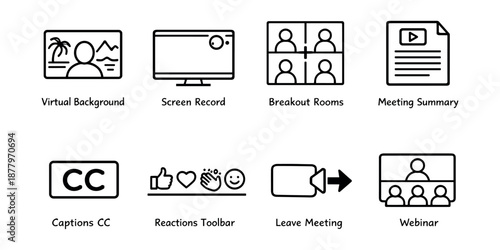Online Meetings and Webinars Black and White Icons Set