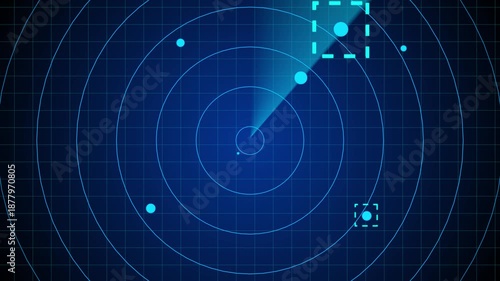 Futuristic Radar Screen Display with map Animation On Black Background, Blue light Radar Screen HUD Display With Map, Location, Air Plane Enemy Attack Radar Search System. Radar Scanning Indicator