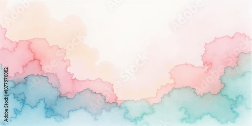 Abstract pink watercolor background features soft blue clouds and fluffy white textures to create a vintage summer sky atmosphere on paper