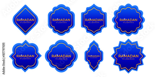 Ramadan Mubarak blue and gold badge set. Islamic geometric labels for holy month celebration. Vector illustration. Transparent background.