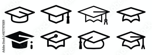 Graduation cap icon set isolated, featuring student hats, simple line and glyph designs, mortarboard collection, vector illustration for academic, education, graduation ceremonies, and school projects