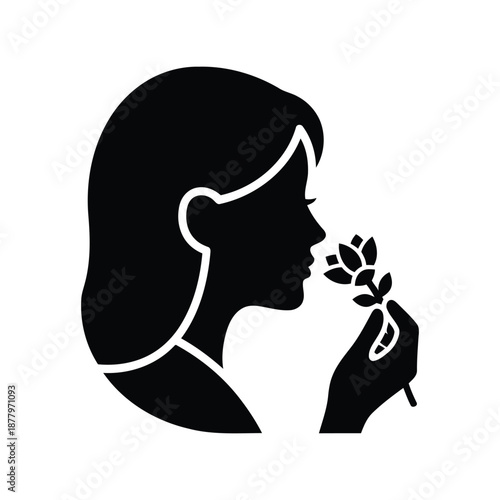 Woman smelling flower vector silhouette, floral profile illustration on white background