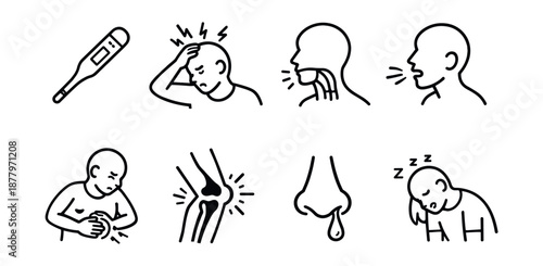 Illness symptoms line icons set
