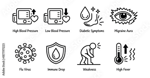 Health conditions black and white icons set