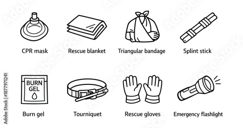 First aid equipment line icons set
