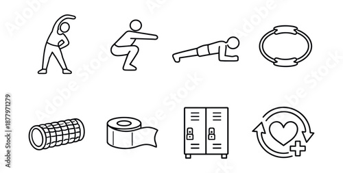 Exercise and fitness line icons set