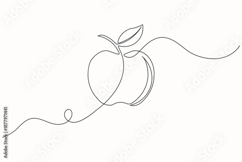 Apple continuous one line drawing in minimalist outline style isolated on white