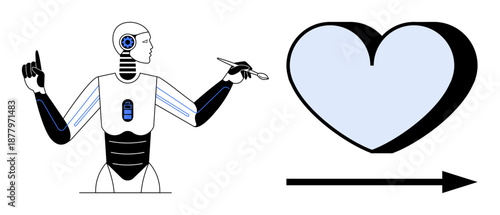 Artificial intelligence, technology integration, emotional intelligence, robotics adaptation, future innovation, AI ethics. A robot indicating a heart and arrow. Artificial intelligence and emotional