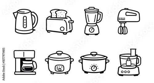 Kitchen appliances line drawings set