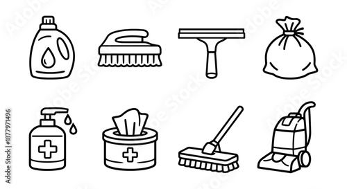 Cleaning and sanitation line icons set