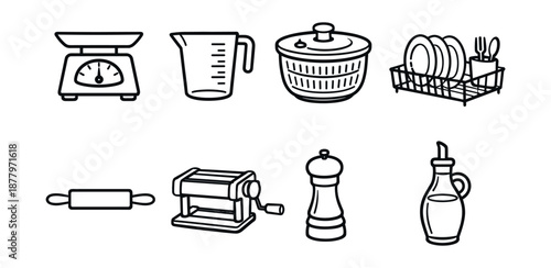 Kitchen utensils line drawings set