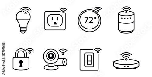 Smart home devices line icons set with Wi-Fi connectivity