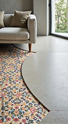 Modern living room with floral rug and minimalist sofa by large window