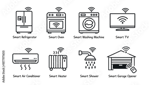 Smart home appliances line icons set