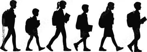 Silhouette collection of young school children walking with backpacks, diverse group of kids vector