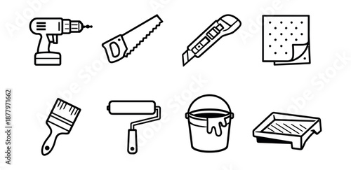 Tools for DIY and home improvement line icons set