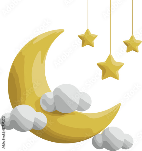 Yellow crescent moon with fluffy clouds and hanging stars vector illustration