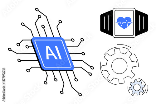 AI technology, wearable devices, machine learning, healthcare innovation, fitness tracking, automation. A computer chip labeled AI, a smartwatch with a heart symbol and gears. AI technology
