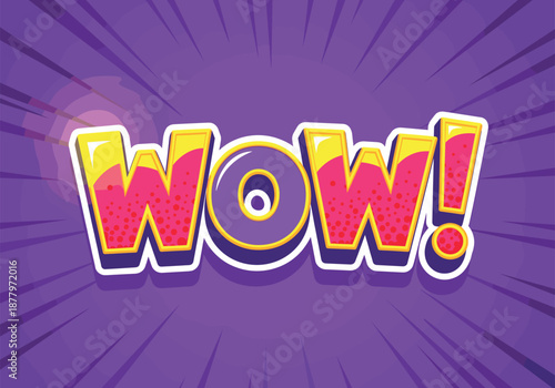 WOW! comic book pop art text effect with motion lines on purple sunburst