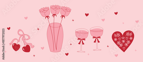 Vintage, flirty hand-drawn illustrations: a vase of roses, two glasses of festive drinks, cherries with ribbon bows, and a heart decorated with flowers. Sweet vector illustrations for weddings, Valent