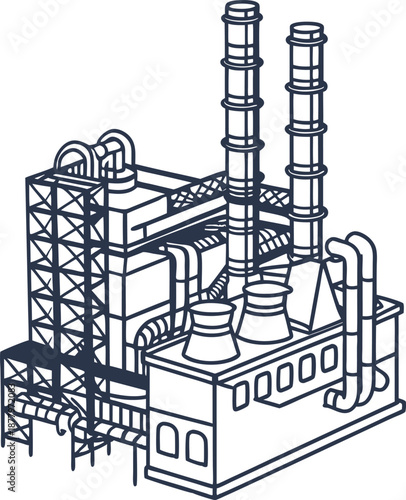 Industrial factory building with chimneys and ventilation pipes, energy production facility schematic