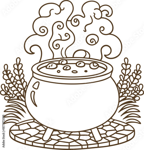 Magic cauldron with bubbling potion and mysterious swirling steam, fantasy witchcraft concept