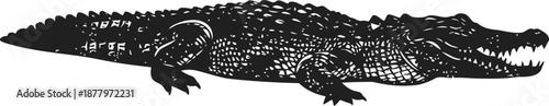 black silhouette of an alligator with textured scales and a long tail