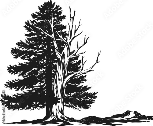 old pine tree silhouette with one half dead branches and other half full of leaves on white