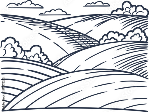 rolling hills landscape with clouds, bushes, and farmland fields outline drawing