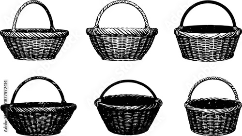 Six vintage wicker baskets illustrations hand drawn rustic round and oval container designs with handles