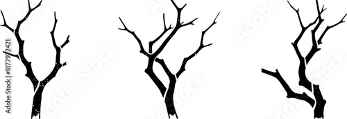 set of three black bare tree branches silhouettes isolated on white background
