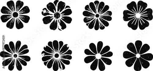 Black floral grunge icons collection with distressed texture and petal designs