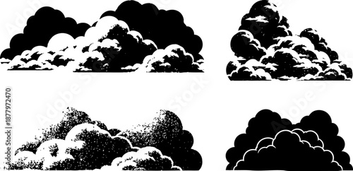 Black and white stylized cloud illustrations with various shading and texture effects