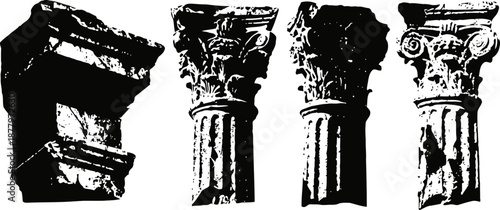 Four classical architectural column capitals in black and white silhouette with corinthian and ionic designs