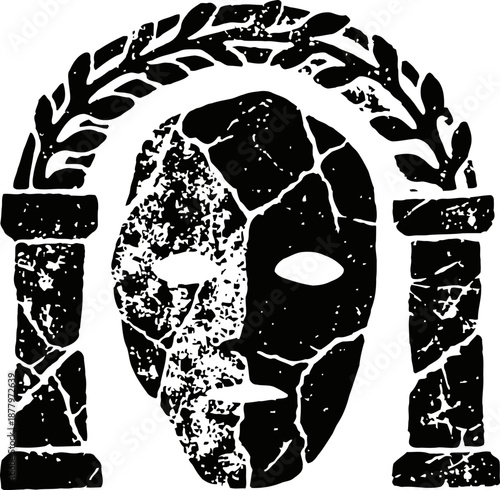 ancient stone mask with cracked texture framed by arch columns, vintage mysterious artifact