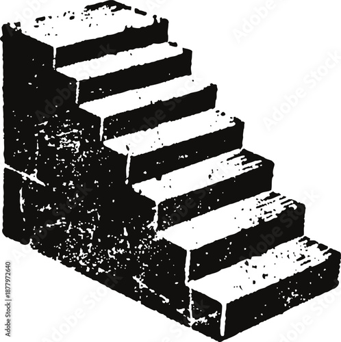 Concrete staircase with seven steps, grunge isolated on white background