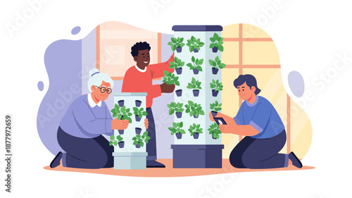 Three People Working on Vertical Farm.