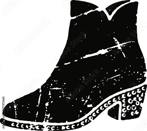 Black distressed cowboy boot silhouette with decorative heel and pointed toe design