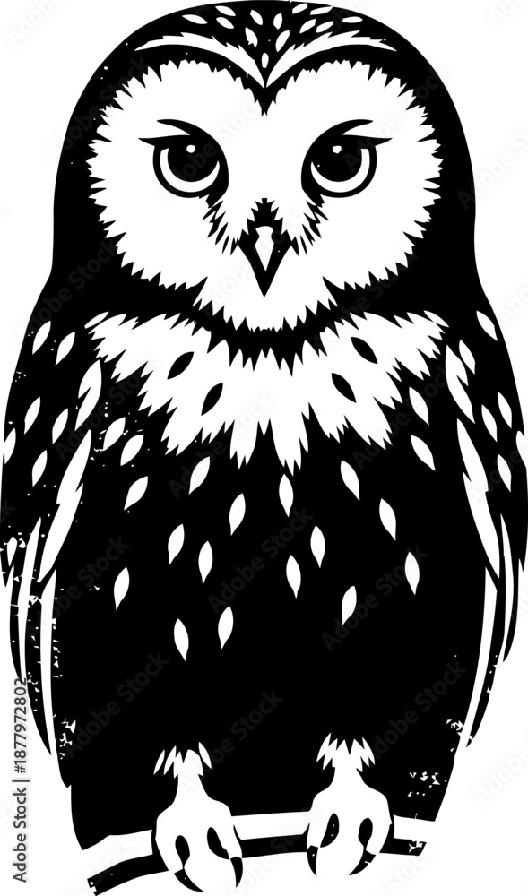 Fototapeta premium Black and white owl illustration detailed bird design with feathers, claws, and intense eyes